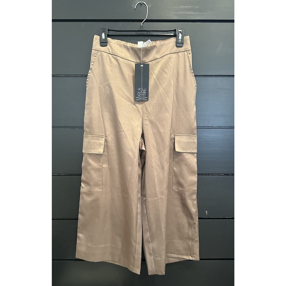 Marla Wynne Satin Cargo Brown Womens 10 NWT Wide Leg Elastic Cropped Pants USA